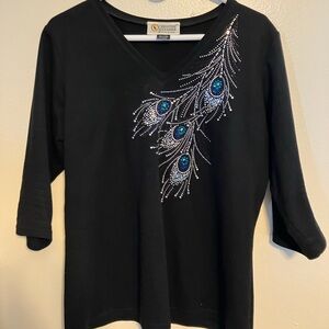 Christine Alexander Black V-Neck Top with Blue Peacock Rhinestones
